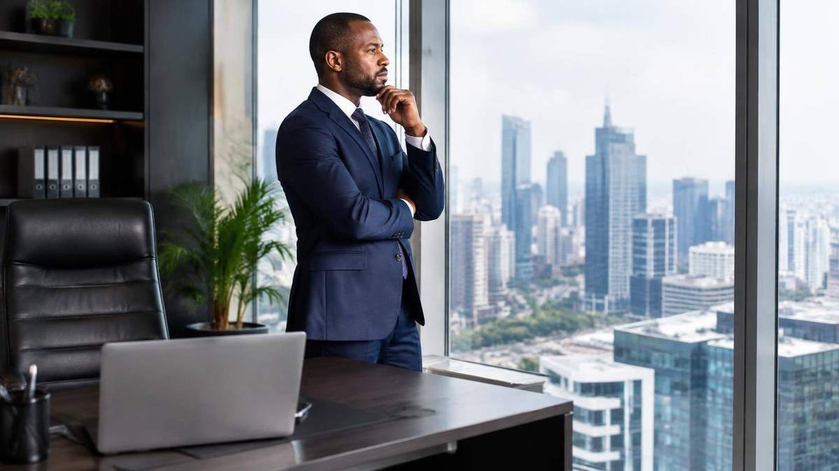 Empresário africano a olhar para a cidade a partir de um escritório moderno.