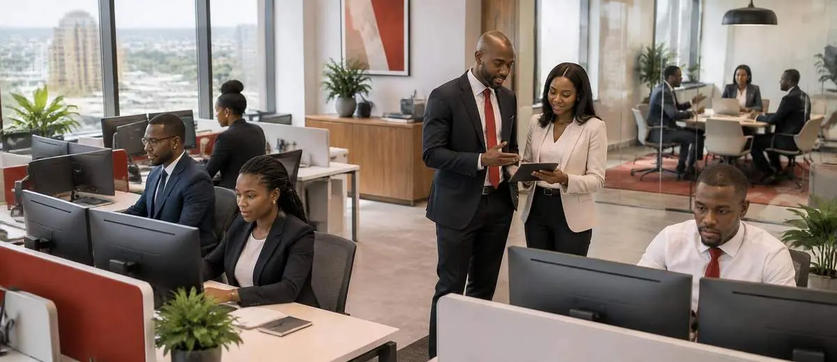 Profissionais africanos nas suas estações de trabalho num escritório moderno em open space.